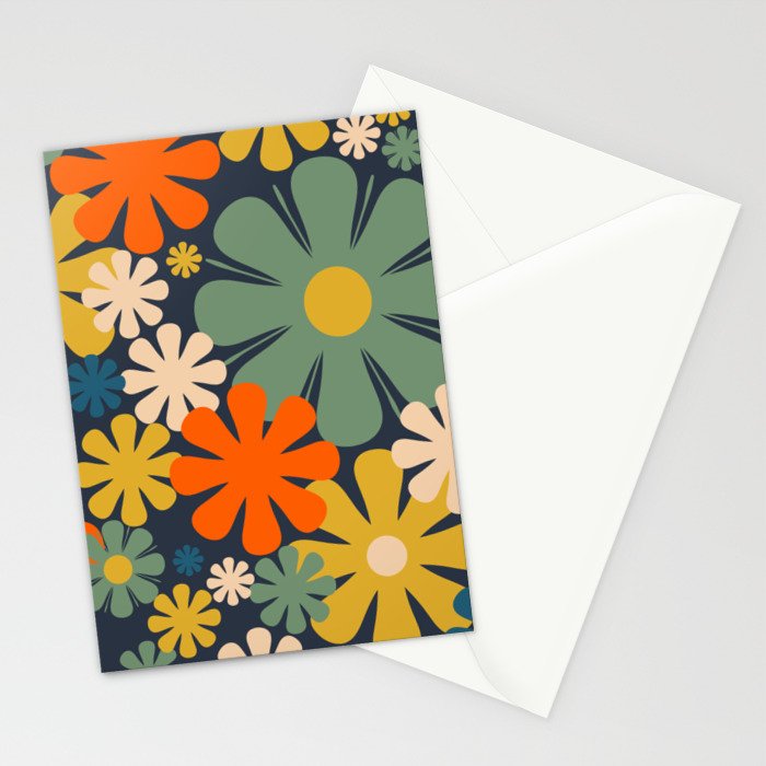 Retro 60s 70s Aesthetic Floral Pattern in Blue Mustard Orange Eucalyptus Stationery Card Gallery Image 2