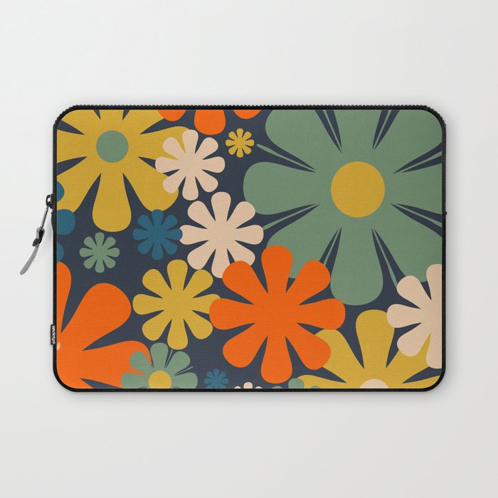 Retro 60s 70s Aesthetic Floral Pattern in Blue Mustard Orange Eucalyptus Laptop Sleeve Gallery Image 1