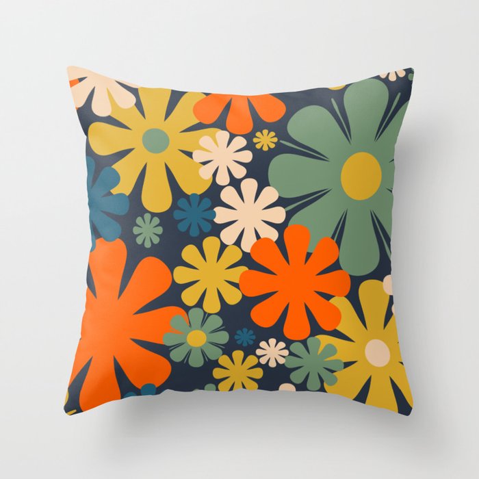 Retro 60s 70s Aesthetic Floral Pattern in Blue Mustard Orange Eucalyptus Throw Pillow Gallery Image 1