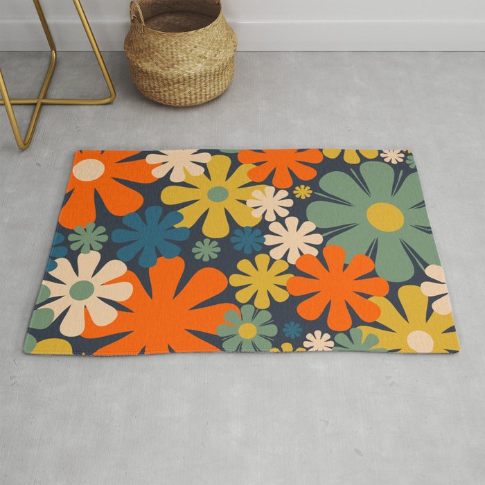 Retro 60s 70s Aesthetic Floral Pattern in Blue Mustard Orange Eucalyptus Rug Gallery Image 1
