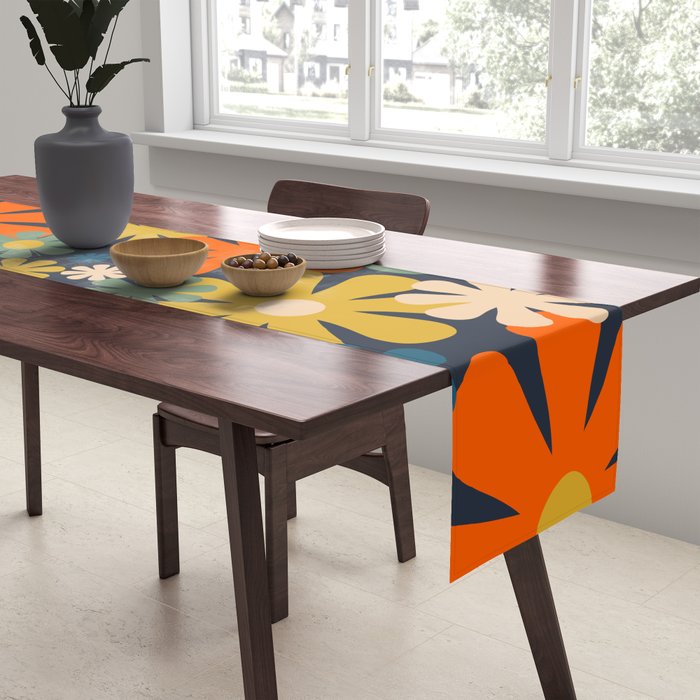 Retro 60s 70s Aesthetic Floral Pattern in Blue Mustard Orange Eucalyptus Table Runner Gallery Image 2