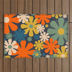 Retro 60s 70s Aesthetic Floral Pattern in Blue Mustard Orange Eucalyptus Outdoor Rug Gallery Image 1
