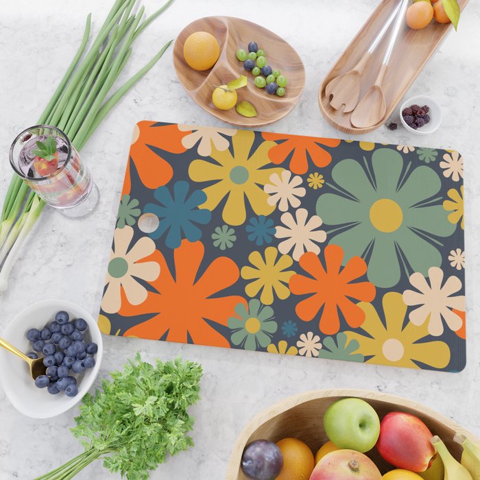 Retro 60s 70s Aesthetic Floral Pattern in Blue Mustard Orange Eucalyptus Cutting Board Gallery Image 2