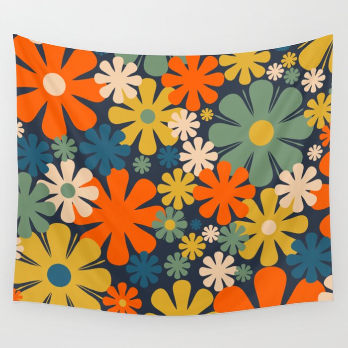 Retro 60s 70s Aesthetic Floral Pattern in Blue Mustard Orange Eucalyptus Wall Tapestry Gallery Image 4