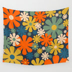 Retro 60s 70s Aesthetic Floral Pattern in Blue Mustard Orange Eucalyptus Wall Tapestry Gallery Image 4