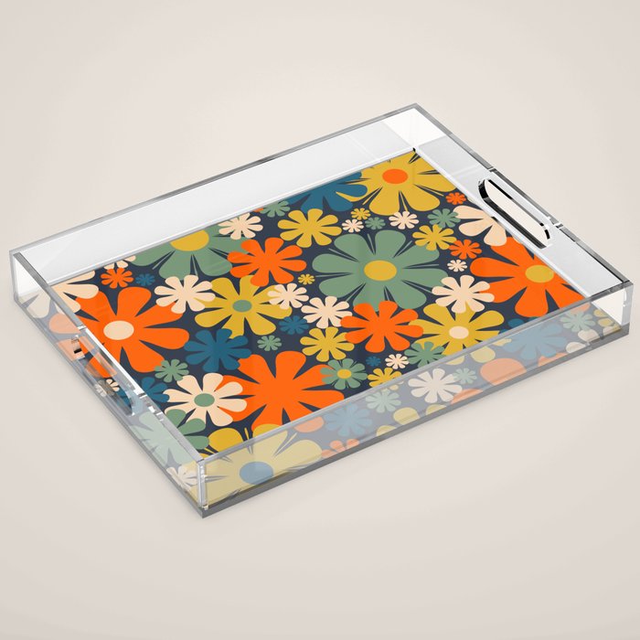 Retro 60s 70s Aesthetic Floral Pattern in Blue Mustard Orange Eucalyptus Acrylic Tray Gallery Image 1