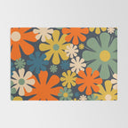 Retro 60s 70s Aesthetic Floral Pattern in Blue Mustard Orange Eucalyptus Rug Gallery Image 2