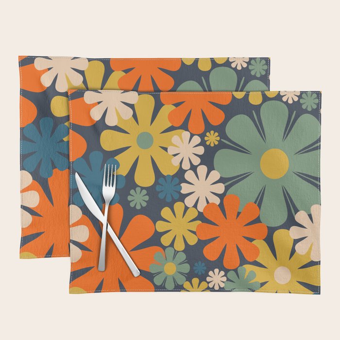 Retro 60s 70s Aesthetic Floral Pattern in Blue Mustard Orange Eucalyptus Placemat Gallery Image 1