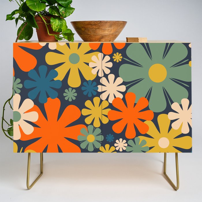 Retro 60s 70s Aesthetic Floral Pattern in Blue Mustard Orange Eucalyptus Credenza Gallery Image 1