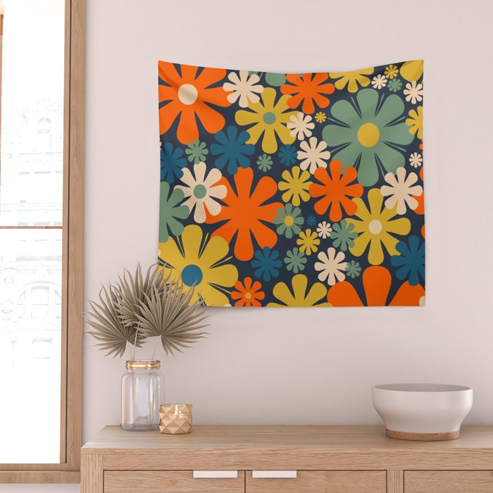 Retro 60s 70s Aesthetic Floral Pattern in Blue Mustard Orange Eucalyptus Wall Tapestry Gallery Image 2