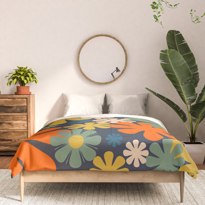 Retro 60s 70s Aesthetic Floral Pattern in Blue Mustard Orange Eucalyptus Comforter Gallery Image 3