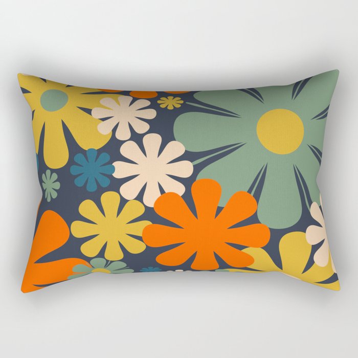 Retro 60s 70s Aesthetic Floral Pattern in Blue Mustard Orange Eucalyptus Rectangular Pillow Gallery Image 2