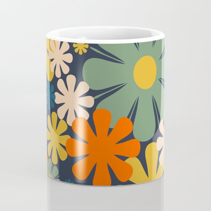Retro 60s 70s Aesthetic Floral Pattern in Blue Mustard Orange Eucalyptus Coffee Mug Gallery Image 4