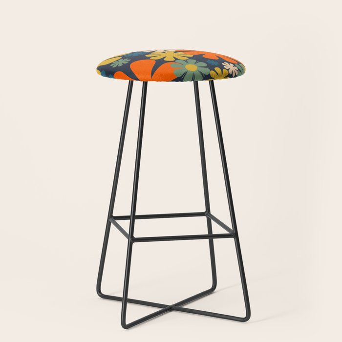 Retro 60s 70s Aesthetic Floral Pattern in Blue Mustard Orange Eucalyptus Stool Gallery Image 1