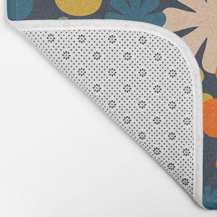 Retro 60s 70s Aesthetic Floral Pattern in Blue Mustard Orange Eucalyptus Bath Mat Gallery Image 2