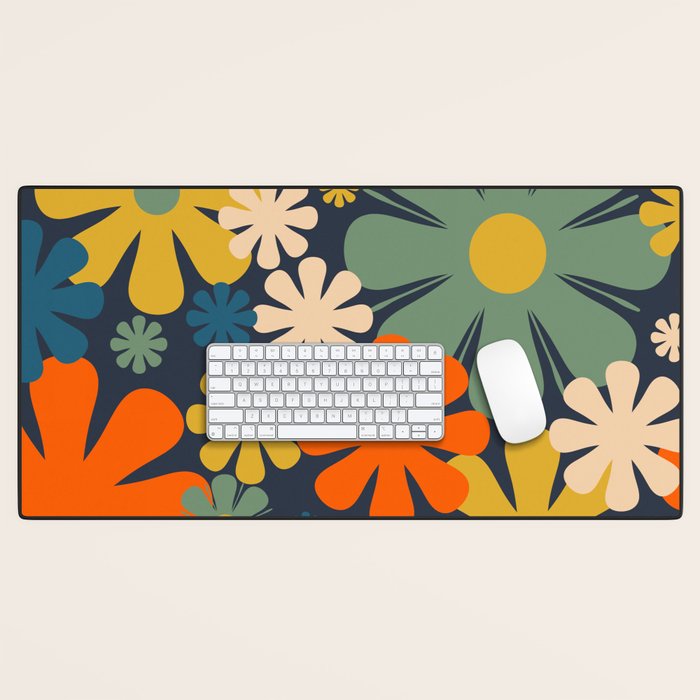 Retro 60s 70s Aesthetic Floral Pattern in Blue Mustard Orange Eucalyptus Desk Mat Gallery Image 1