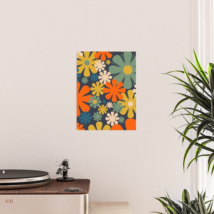 Retro 60s 70s Aesthetic Floral Pattern in Blue Mustard Orange Eucalyptus Poster Gallery Image 2