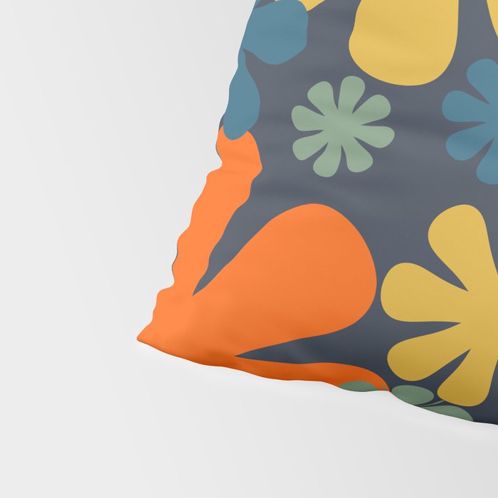 Retro 60s 70s Aesthetic Floral Pattern in Blue Mustard Orange Eucalyptus Pillow Sham Gallery Image 4