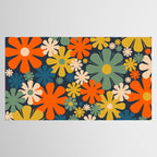 Retro 60s 70s Aesthetic Floral Pattern in Blue Mustard Orange Eucalyptus Tablecloth Gallery Image 2