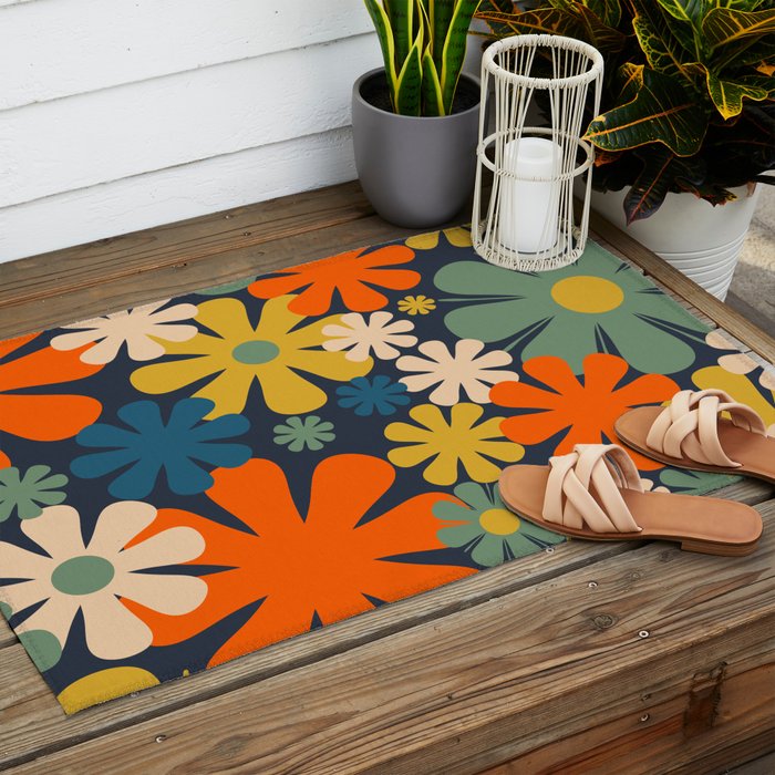 Retro 60s 70s Aesthetic Floral Pattern in Blue Mustard Orange Eucalyptus Outdoor Rug Gallery Image 2