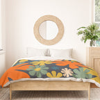 Retro 60s 70s Aesthetic Floral Pattern in Blue Mustard Orange Eucalyptus Duvet Cover Gallery Image 3