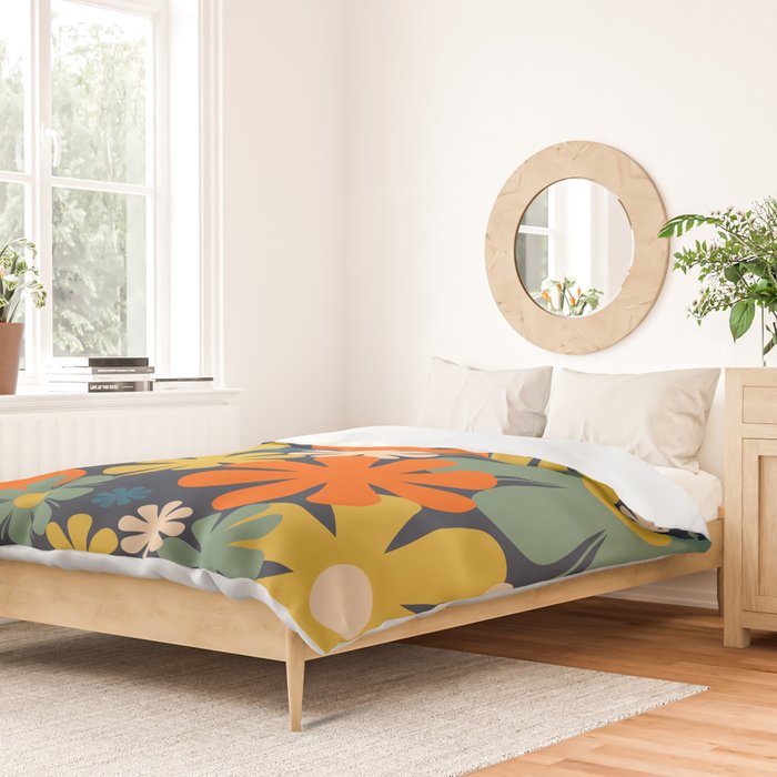 Retro 60s 70s Aesthetic Floral Pattern in Blue Mustard Orange Eucalyptus Duvet Cover Gallery Image 2