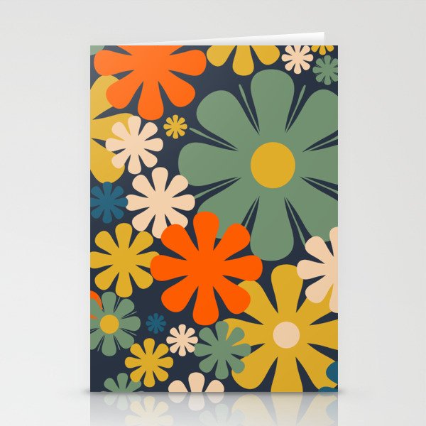 Retro 60s 70s Aesthetic Floral Pattern in Blue Mustard Orange Eucalyptus Stationery Card Gallery Image 1