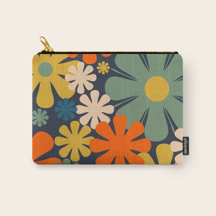 Retro 60s 70s Aesthetic Floral Pattern in Blue Mustard Orange Eucalyptus Carry All Pouch Gallery Image 1