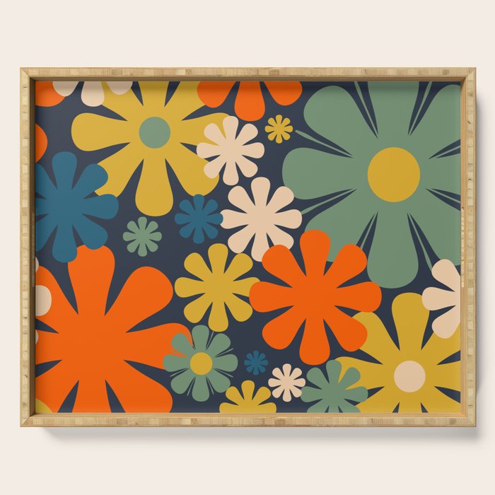 Retro 60s 70s Aesthetic Floral Pattern in Blue Mustard Orange Eucalyptus Serving Tray Gallery Image 1