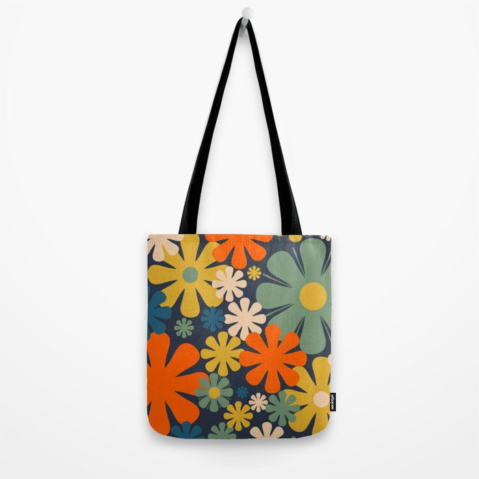 Retro 60s 70s Aesthetic Floral Pattern in Blue Mustard Orange Eucalyptus Tote Bag Gallery Image 2