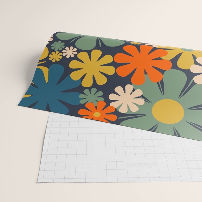Retro 60s 70s Aesthetic Floral Pattern in Blue Mustard Orange Eucalyptus Wrapping Paper Gallery Image 2
