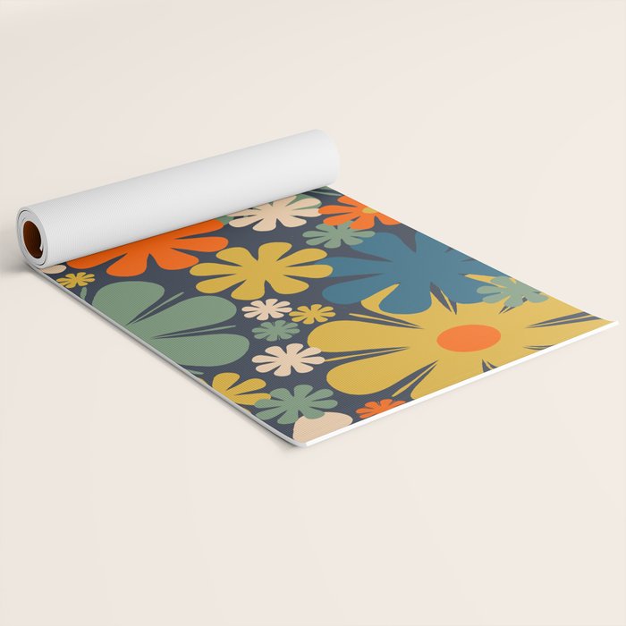 Retro 60s 70s Aesthetic Floral Pattern in Blue Mustard Orange Eucalyptus Yoga Mat Gallery Image 2