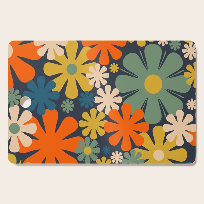 Retro 60s 70s Aesthetic Floral Pattern in Blue Mustard Orange Eucalyptus Cutting Board Gallery Image 1