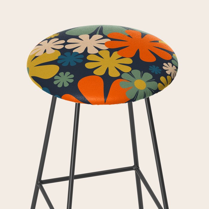 Retro 60s 70s Aesthetic Floral Pattern in Blue Mustard Orange Eucalyptus Stool Gallery Image 2
