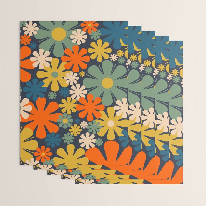 Retro 60s 70s Aesthetic Floral Pattern in Blue Mustard Orange Eucalyptus Wrapping Paper Gallery Image 3