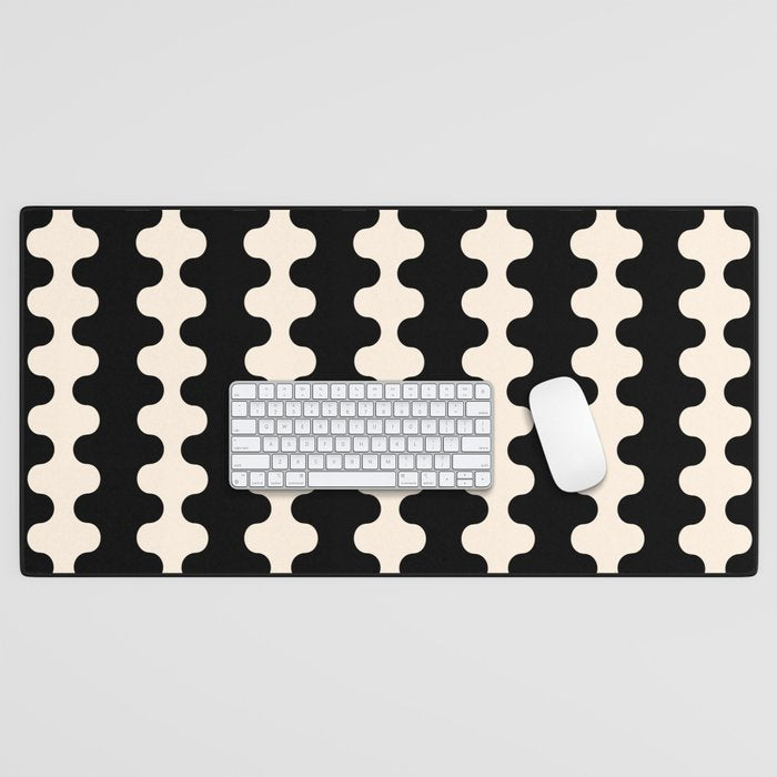 Black and Cream Ogee A-Go-Go Retro Pop Wavy Stripe Pattern Desk Mat Gallery Image 1