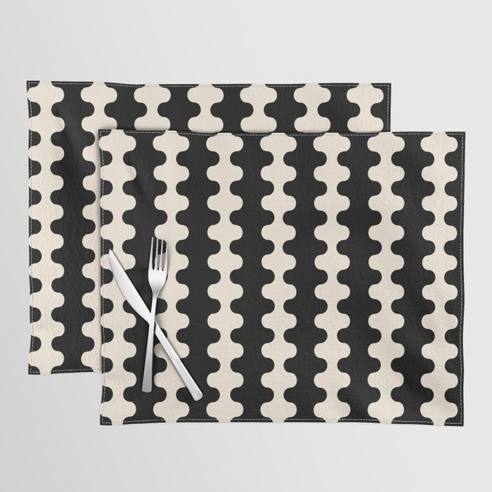 Black and Cream Ogee A-Go-Go Retro Pop Wavy Stripe Pattern Placemat Gallery Image 1
