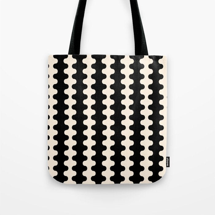 Black and Cream Ogee A-Go-Go Retro Pop Wavy Stripe Pattern Tote Bag Gallery Image 1