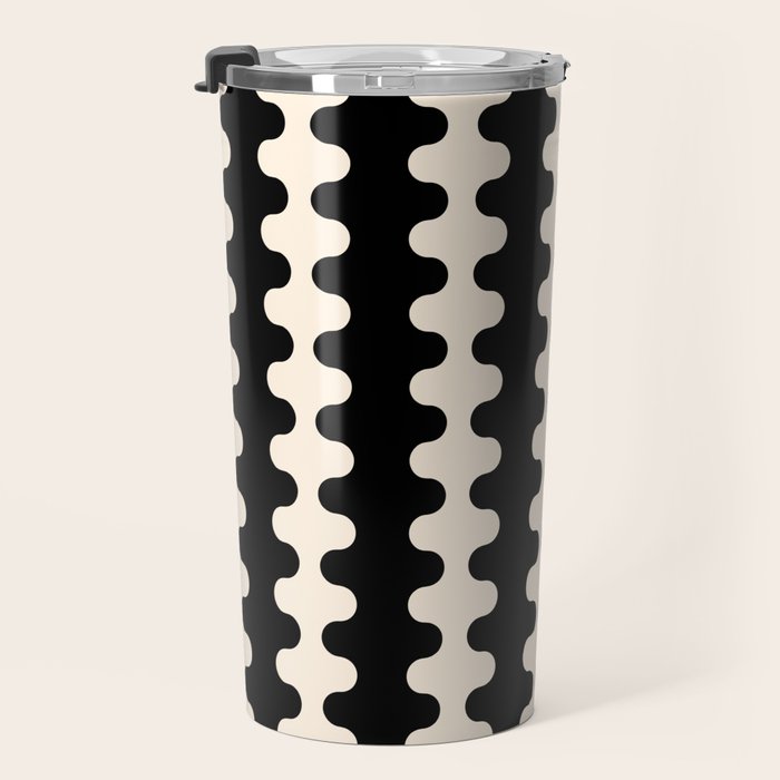 Black and Cream Ogee A-Go-Go Retro Pop Wavy Stripe Pattern Travel Mug Gallery Image 3