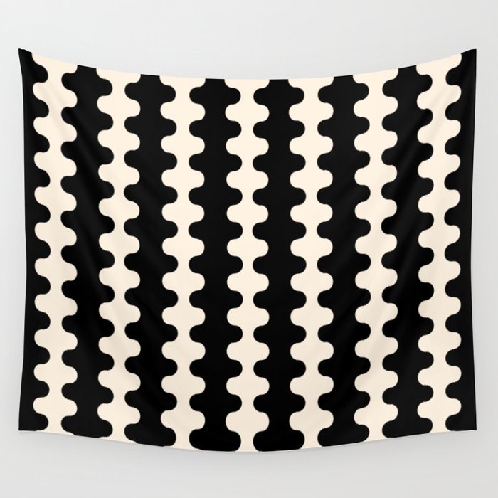 Black and Cream Ogee A-Go-Go Retro Pop Wavy Stripe Pattern Wall Tapestry Gallery Image 4