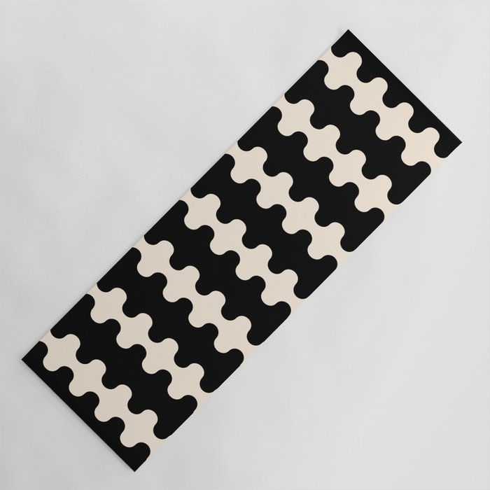 Black and Cream Ogee A-Go-Go Retro Pop Wavy Stripe Pattern Yoga Mat Gallery Image 1