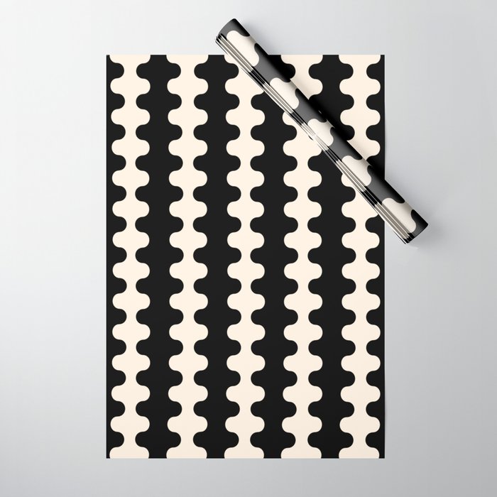 Black and Cream Ogee A-Go-Go Retro Pop Wavy Stripe Pattern Wrapping Paper Gallery Image 1