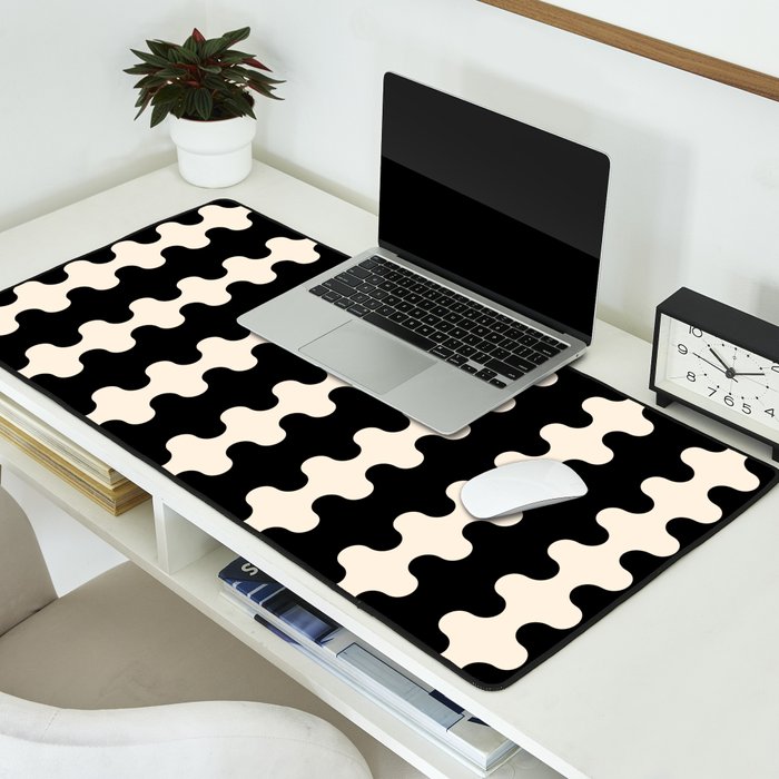 Black and Cream Ogee A-Go-Go Retro Pop Wavy Stripe Pattern Desk Mat Gallery Image 2