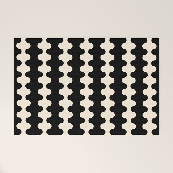 Black and Cream Ogee A-Go-Go Retro Pop Wavy Stripe Pattern Welcome Mat Gallery Image 1
