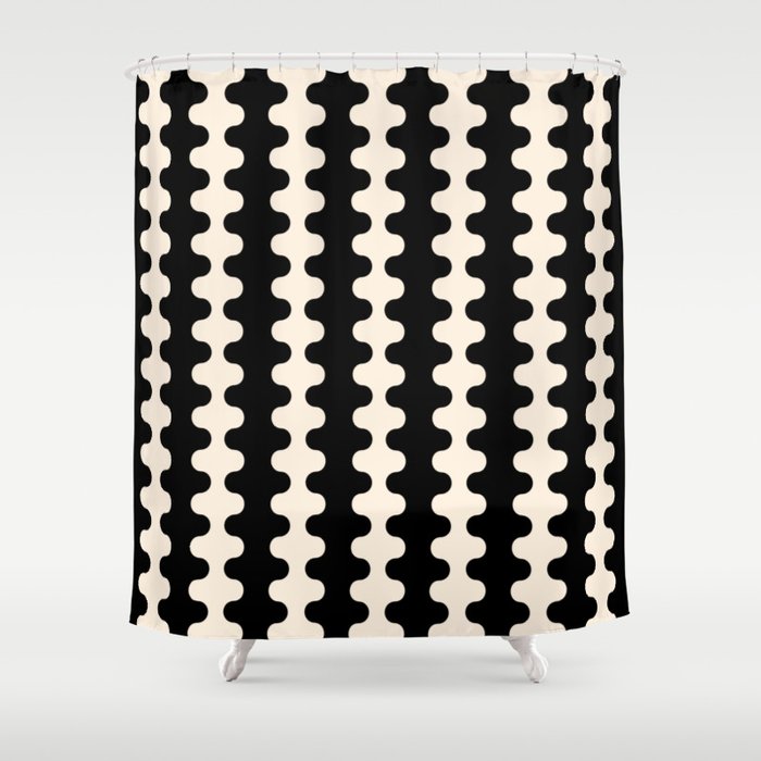 Black and Cream Ogee A-Go-Go Retro Pop Wavy Stripe Pattern Shower Curtain Gallery Image 1