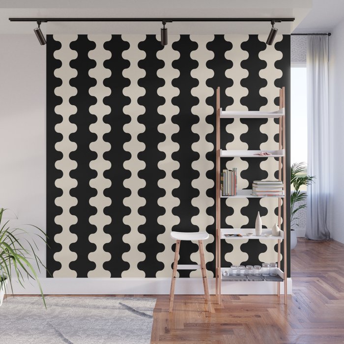Black and Cream Ogee A-Go-Go Retro Pop Wavy Stripe Pattern Wall Mural Gallery Image 1