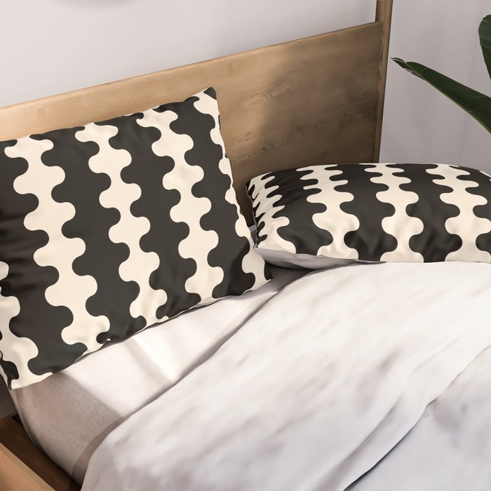 Black and Cream Ogee A-Go-Go Retro Pop Wavy Stripe Pattern Pillow Sham Gallery Image 2