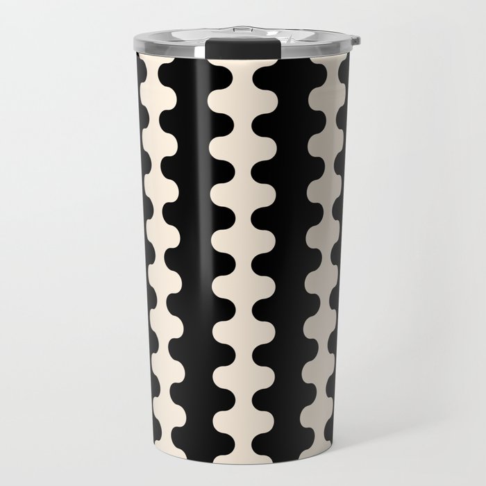 Black and Cream Ogee A-Go-Go Retro Pop Wavy Stripe Pattern Travel Mug Gallery Image 1
