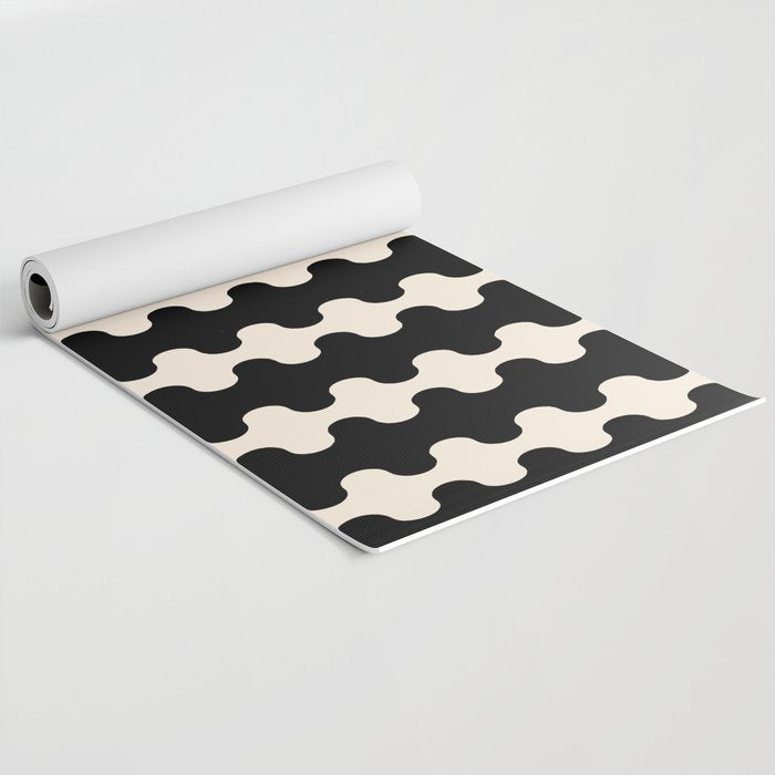 Black and Cream Ogee A-Go-Go Retro Pop Wavy Stripe Pattern Yoga Mat Gallery Image 2