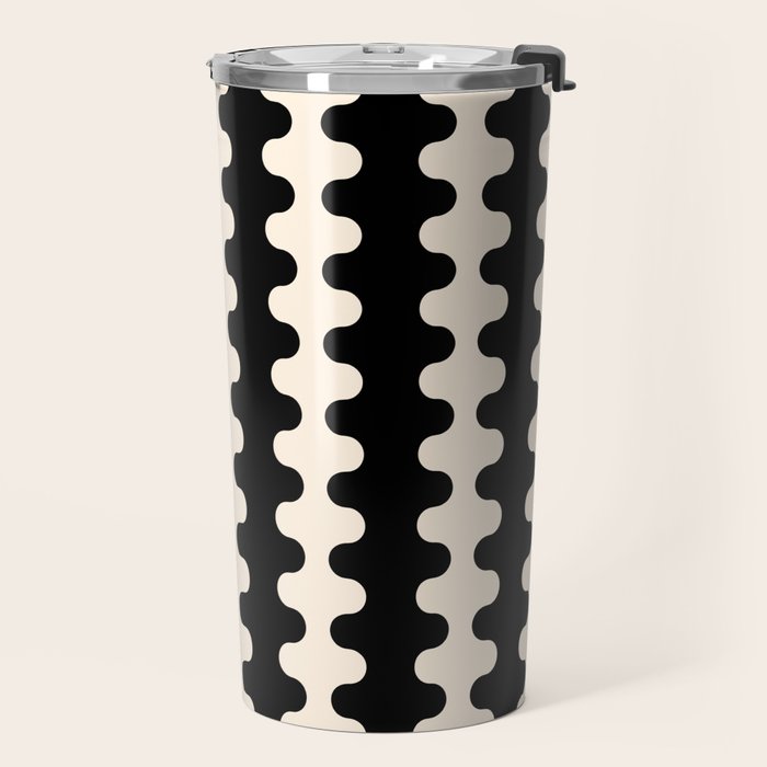 Black and Cream Ogee A-Go-Go Retro Pop Wavy Stripe Pattern Travel Mug Gallery Image 2